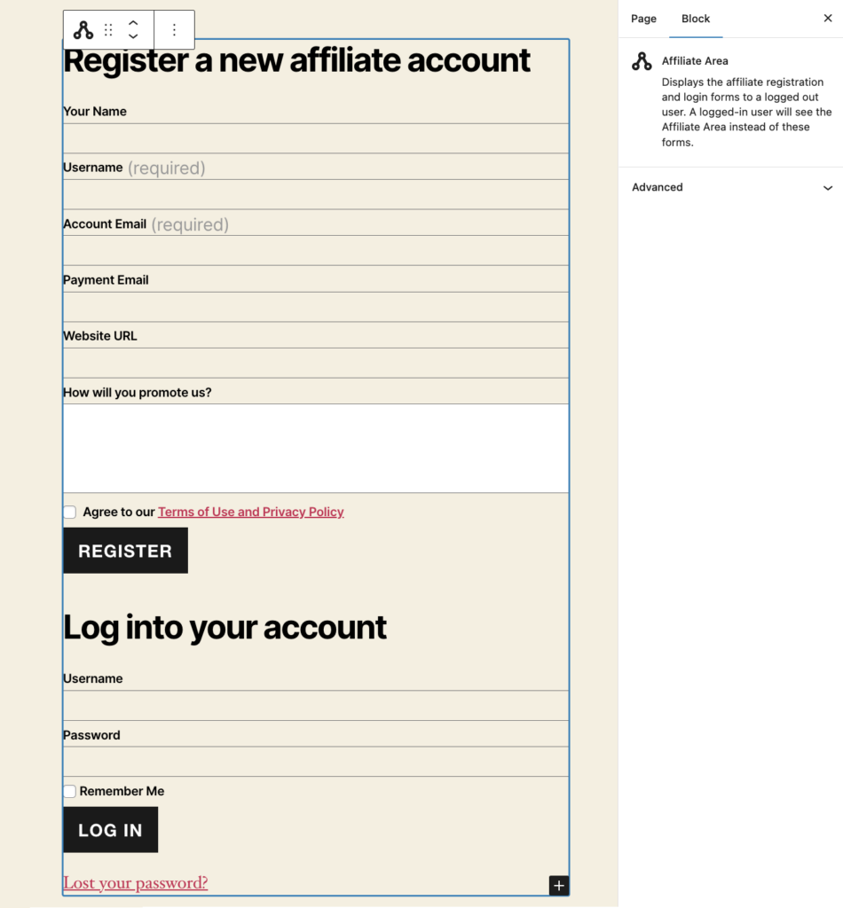 Edit affiliate registration form