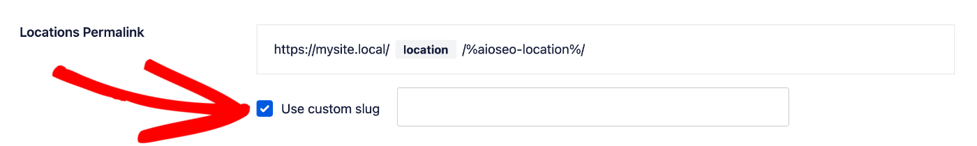 Locations Permalink setting showing the Use custom slug check box and field for custom slug