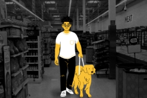 Image of a BLV individual walking through a store with a guide dog.