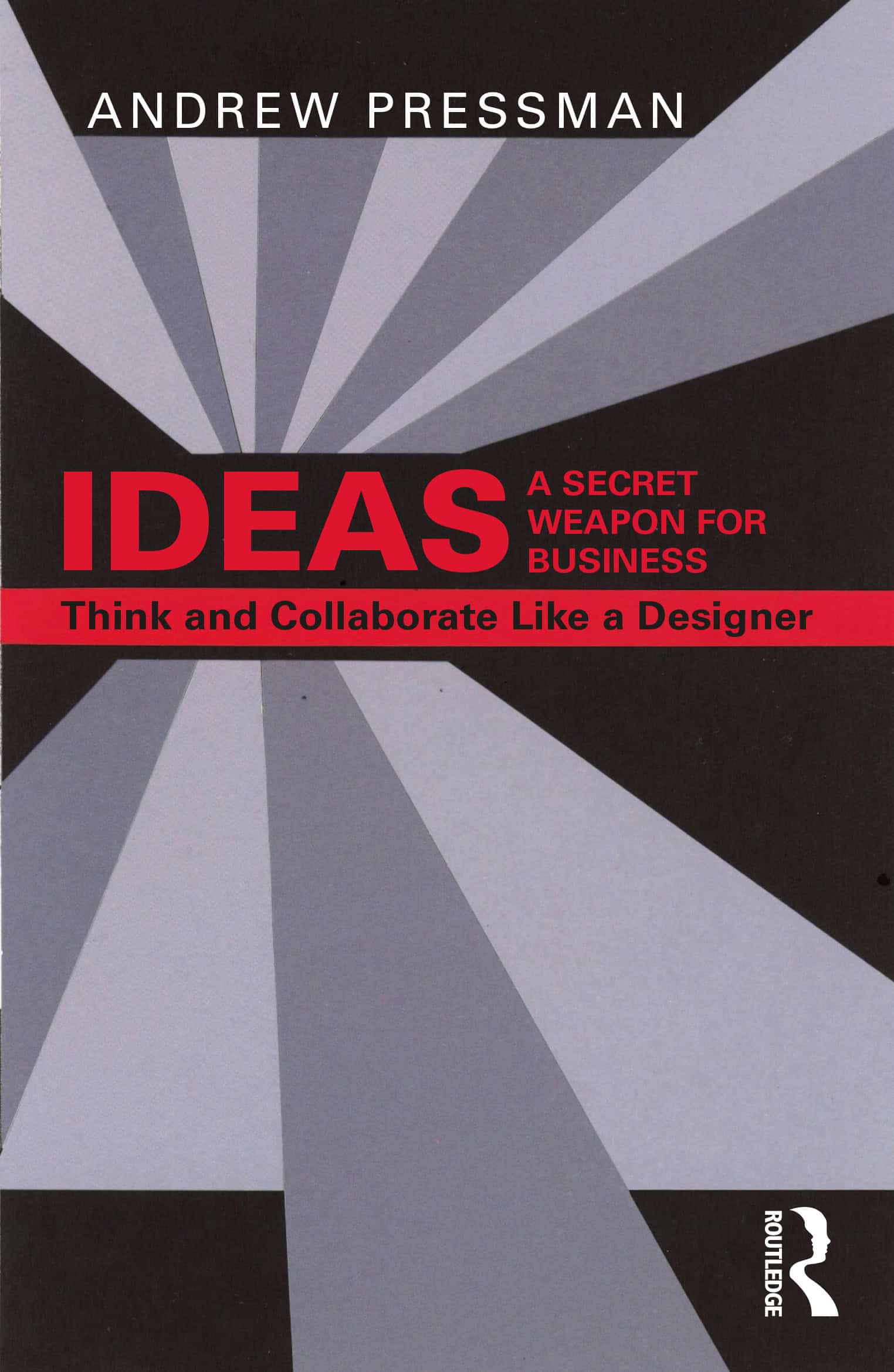 Book cover for IDEAS by Andrew Pressman featuring bold red text on a striped grey and black background.