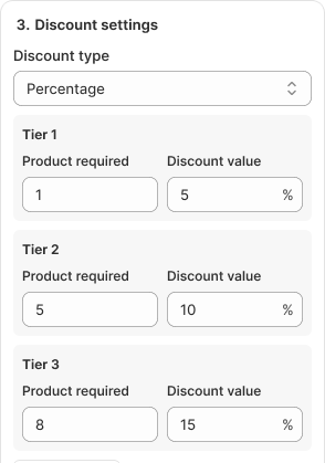 Discount settings with 5% off 1 item, 10% off 5 items, 15% off 8 items