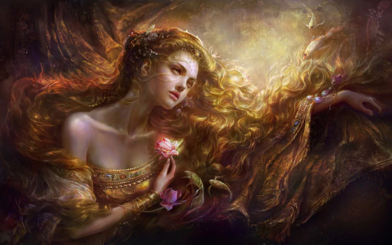 A fantasy scene captures a woman underwater, her flowing hair illuminated by light. She holds a flower while colorful fish swim around her, creating a dreamlike atmosphere.