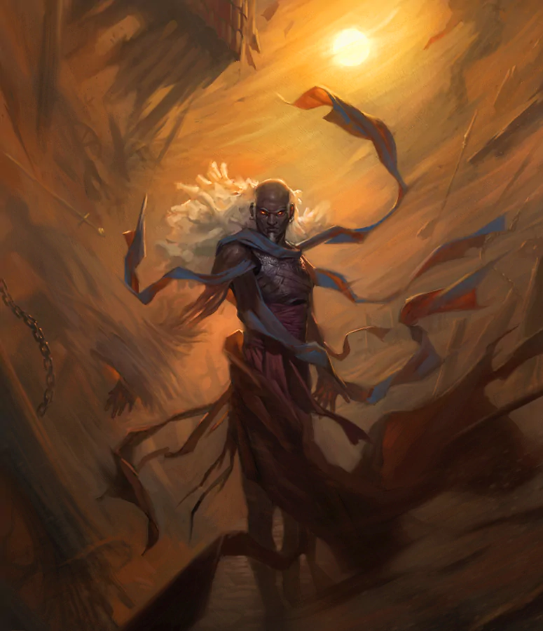 A powerful drow stands amidst swirling shadows, draped in flowing fabric, with an intense expression as sunlight filters through a dim, mystical environment.