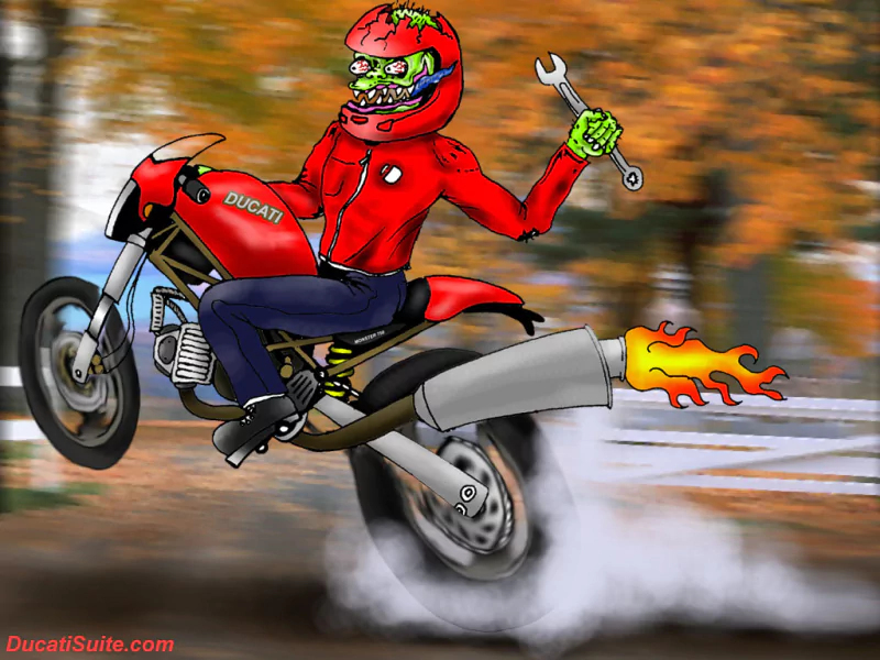 A cartoon character with a green face and red helmet rides a Ducati motorcycle, wielding a wrench while performing a wheelie against a backdrop of colorful autumn trees.