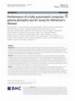 Research paper thumbnail of Performance of a fully-automated Lumipulse plasma phospho-tau181 assay for Alzheimer’s disease