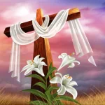 Religious forum avatar/pfp: a wooden cross draped with white cloth, white lilies at its base, set against a pastel sunrise sky.