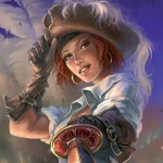 Vibrant fantasy pirate forum avatar: red-haired swashbuckler in a feathered tricorn, white blouse and gauntlet, pointing a cutlass toward the viewer against a twilight sky.