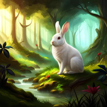 Forum avatar/pfp: white rabbit profile photo — a rabbit sits on a mossy rock by a sunlit stream in an enchanted forest with vibrant greens and soft light.