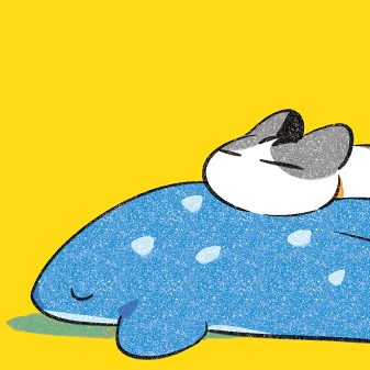 profile picture: a drawing of a cat lying down on a whale plushie