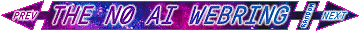 a long purple-and-blue star-spangled bar with purple-and-blue white-haloed letters in it that read THE NO AI WEBRING. the bar extends into two arrows pointing left and right, labeled PREV and NEXT, and there's a little button labeled RANDOM