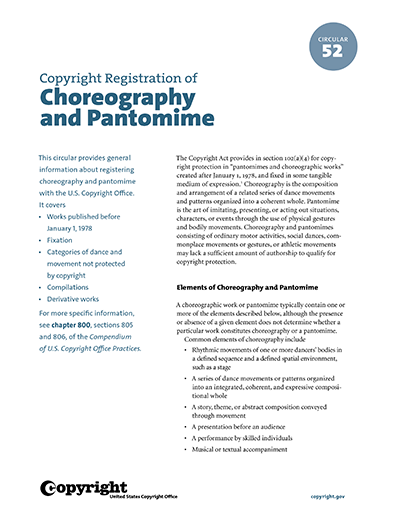 Full page screenshot of the front page of Circular 52: Copyright Registration of Choreography and Pantomime