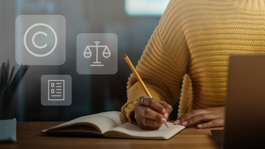 A person in a bright yellow sweater sits at a table, writing in a notebook; three grey and white icons float over the background on the left