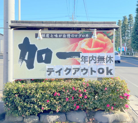 栃木県足利市大前町にある魚介、海鮮料理のお店「まぐろ 加一」看板