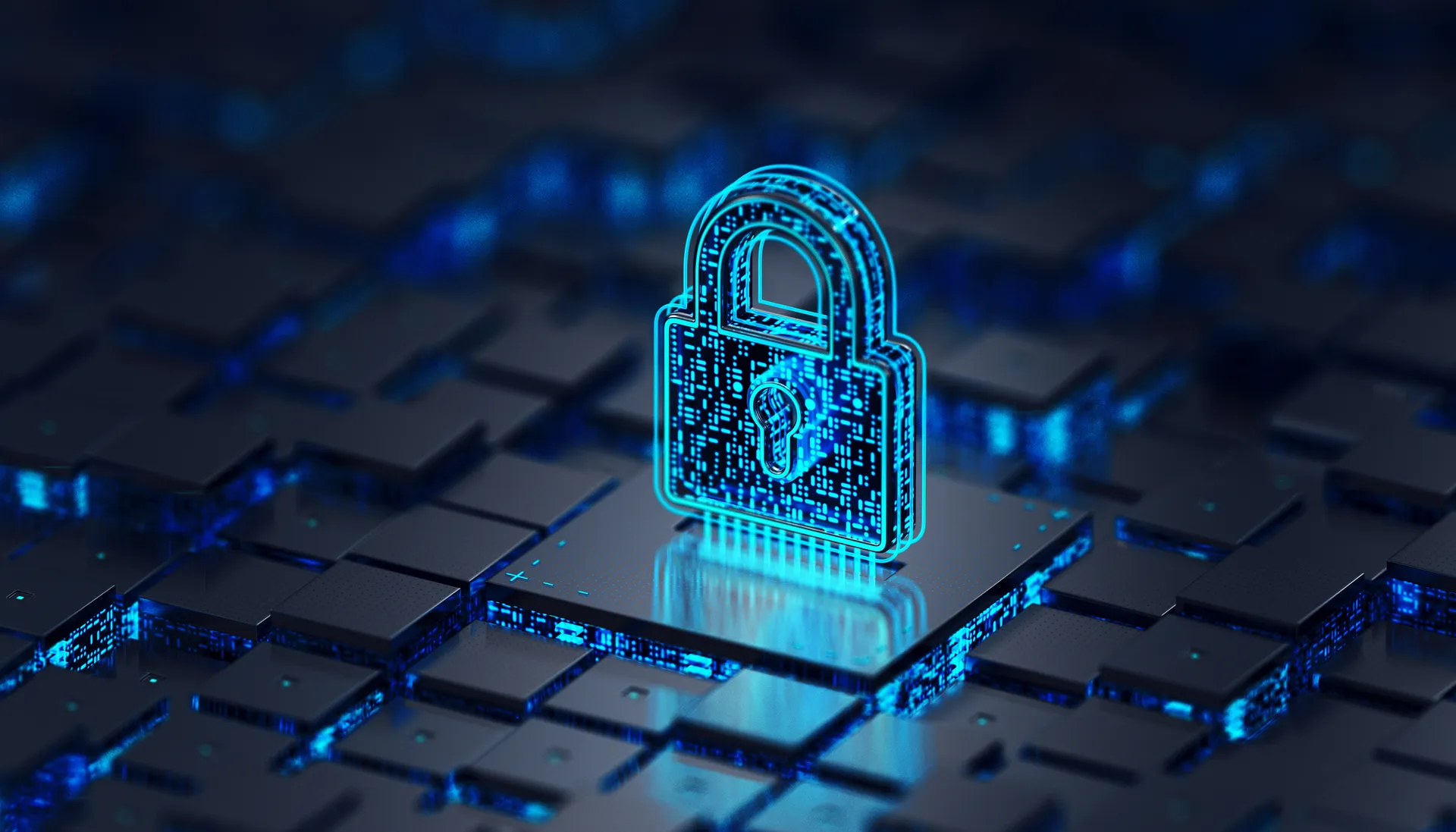Neon blue padlock with code flowing over it, floating above small plinths raised at different heights, each with code underneath their platforms