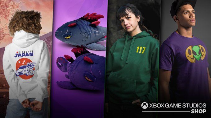 Four-panel image: Left, person in a "Discover Japan" hoodie; middle-left, plush creatures on purple; middle-right, person in green hoodie with "117"; right, person in purple shirt with green/yellow logo. Xbox Game Studios Shop text at bottom.