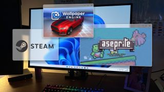 An image of a Windows 11 desktop with windows for Steam, Wallpaper Engine, and Aseprite overlaid.