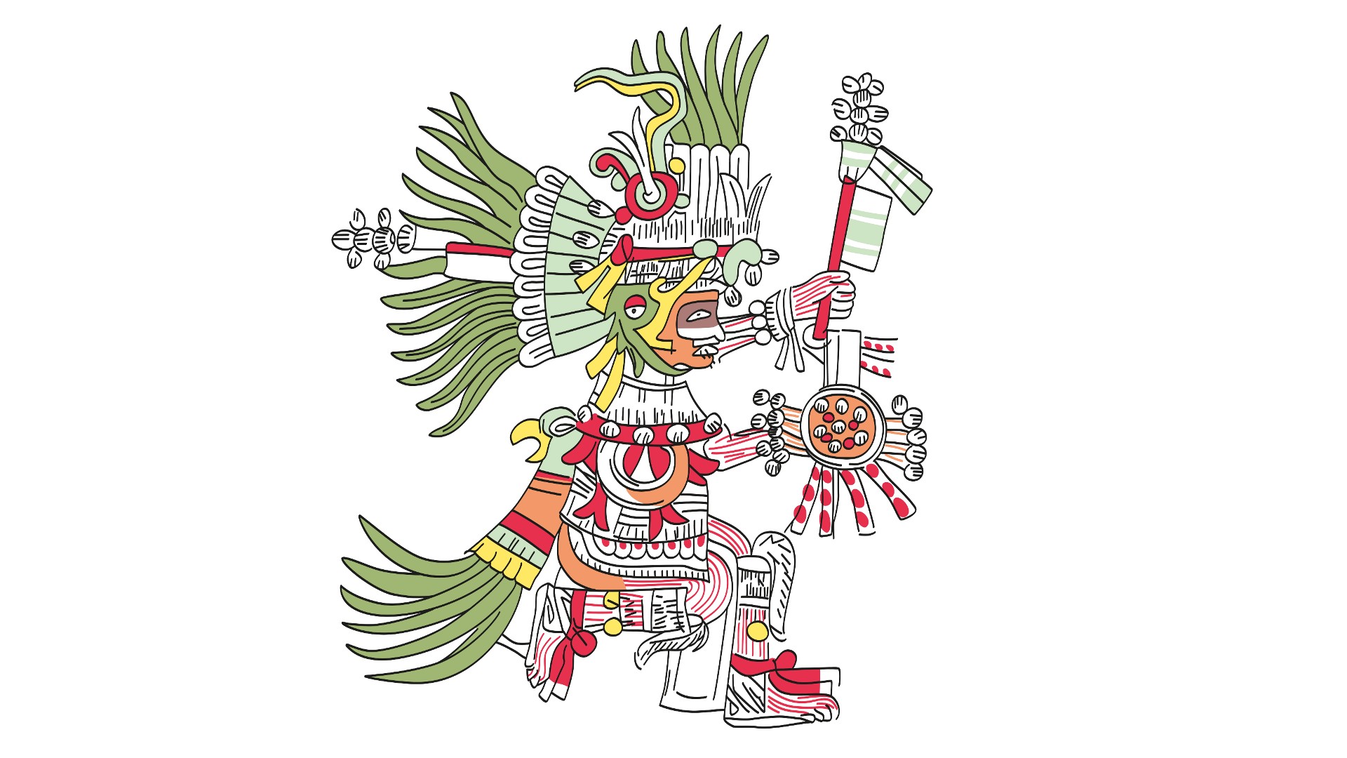 A drawing of the Aztec god Huitzilopochtli. He is depicted mid dance, one foot up, one foot down (bells around both ankles) and both hands out in front &amp;ndash; one hand holding a staff and the other a decorated shield. He is wearing an elaborate headdress made out of long, green strands. He also has a cloak that looks like a bird&amp;rsquo;s head and with long green feathers.