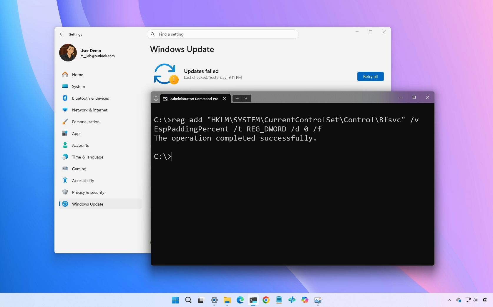 A Windows desktop screen shows a "Windows Update" error with "Updates failed" message. A Command Prompt window displays a successful registry edit.
