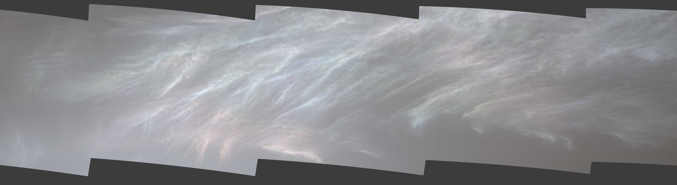 A composite image shows iridescent noctilucent clouds on March 5, 2021.