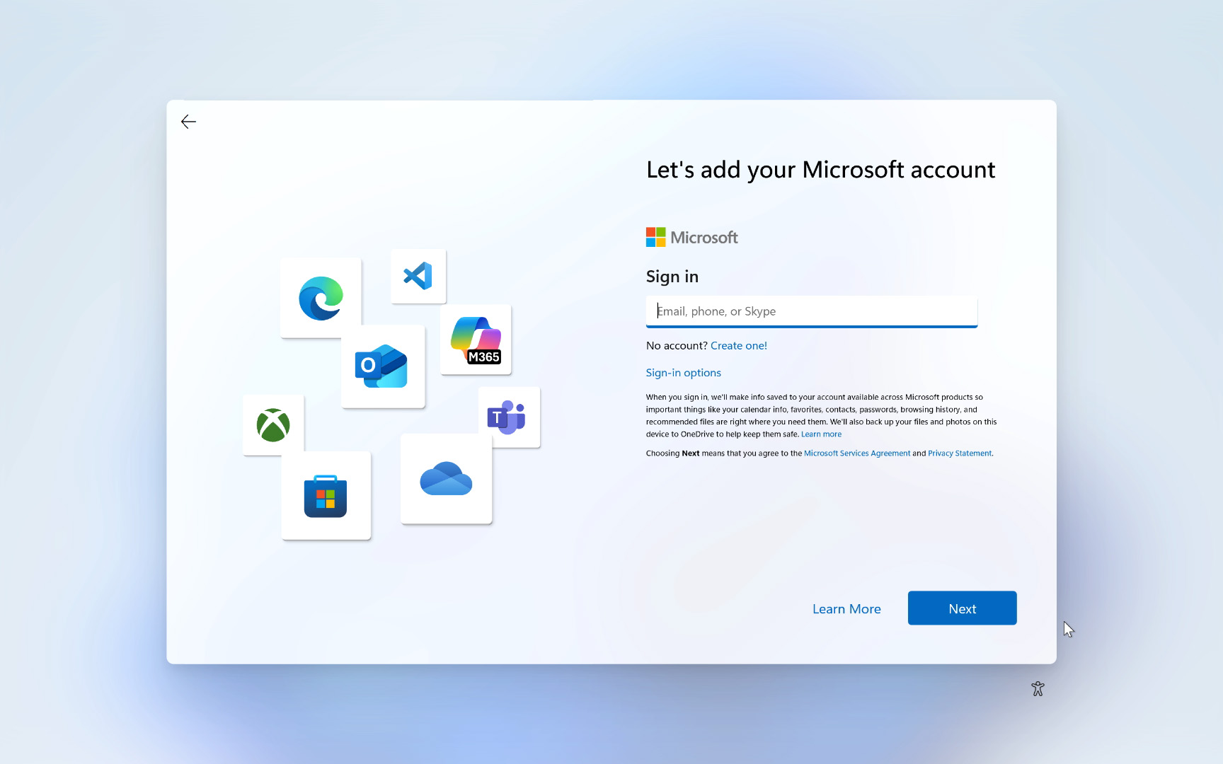 Windows 11 setup with "Let's add your Microsoft account" fields