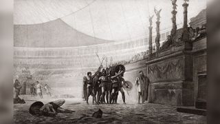 Ancient Roman gladiators hold tridents while saluting their ruler.