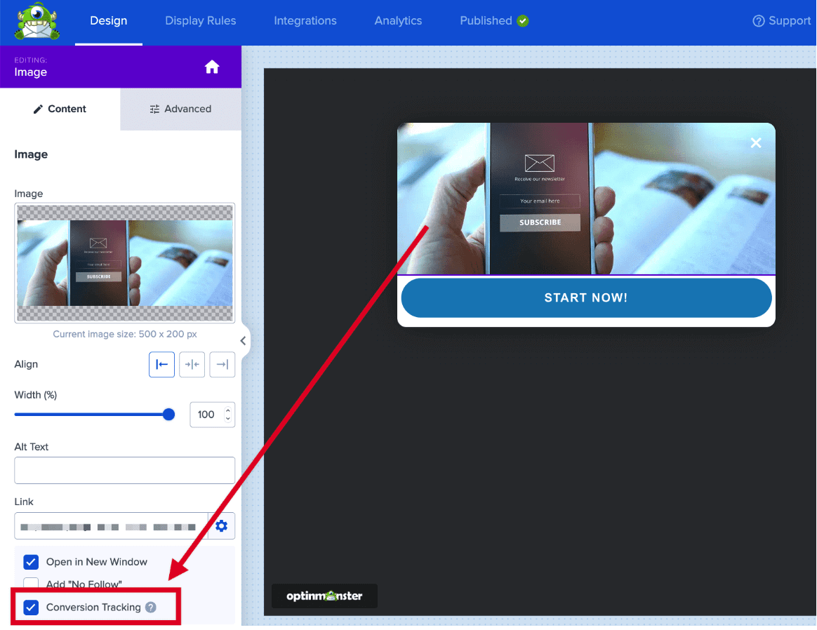 Enable conversion tracking for image links in OptinMonster.