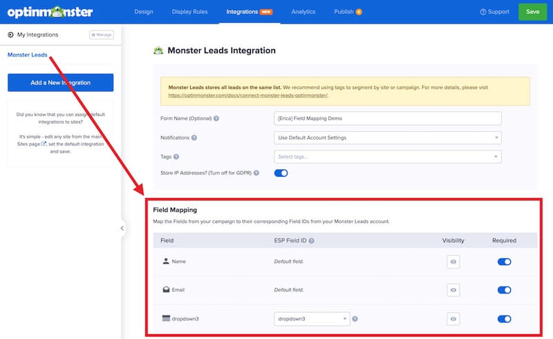 Field Mapping section shows all optin fields for your OptinMonster campaign.