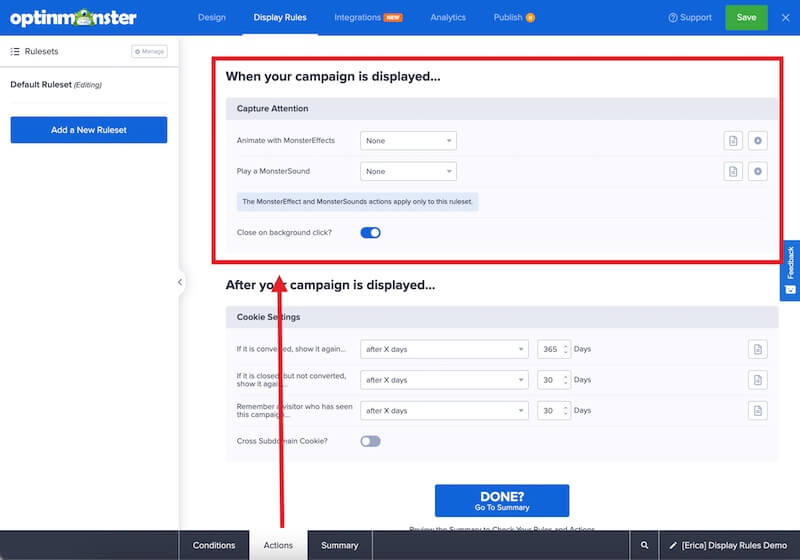 Configure the Actions of your campaign in the Display Rules.