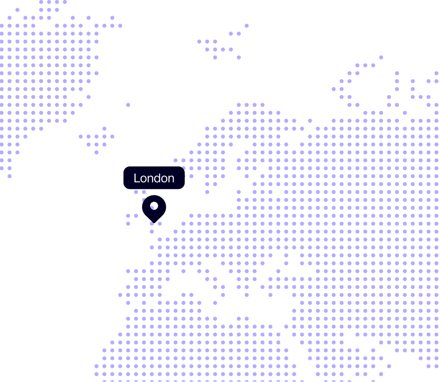 Dotted digital map of Europe with a location pin and label marking London.