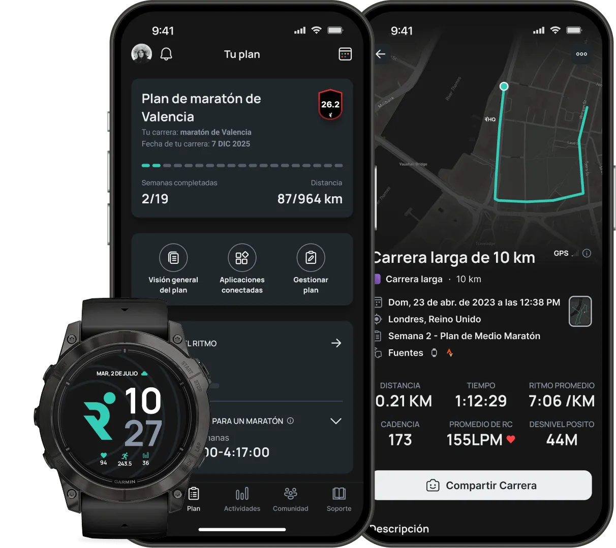Graphic with two phones and a smartwatch featuring Runna app.