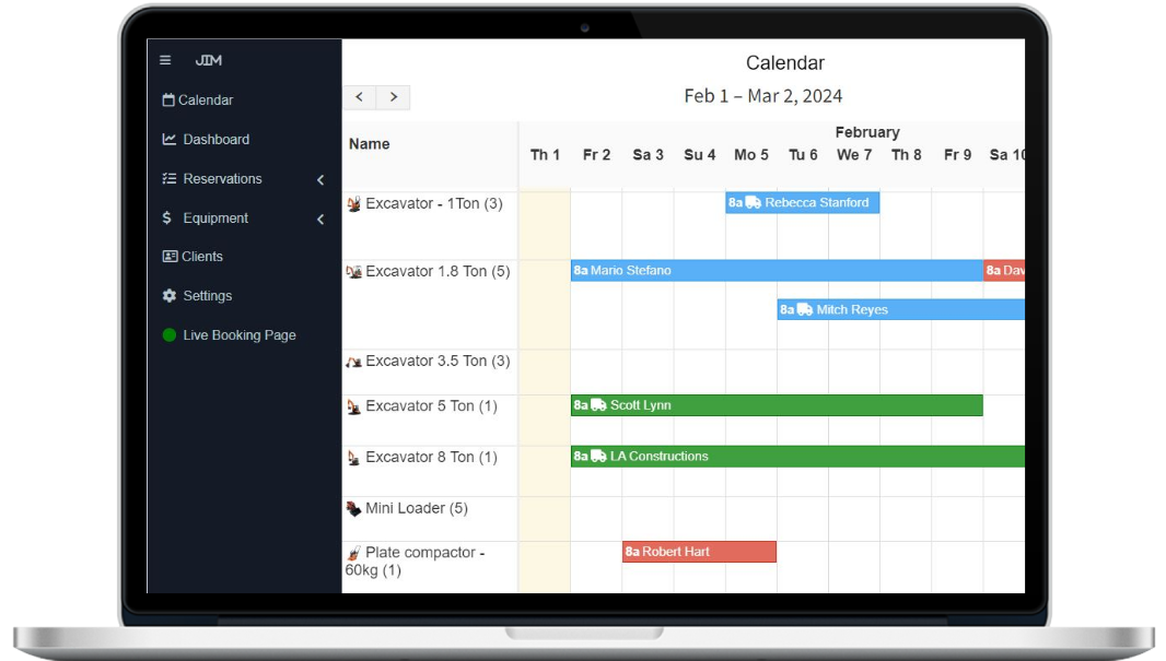 equipment rental calendar