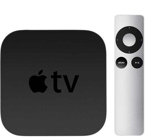 The black Apple TV (3rd generation) appears next to Apple Remote (aluminum). 