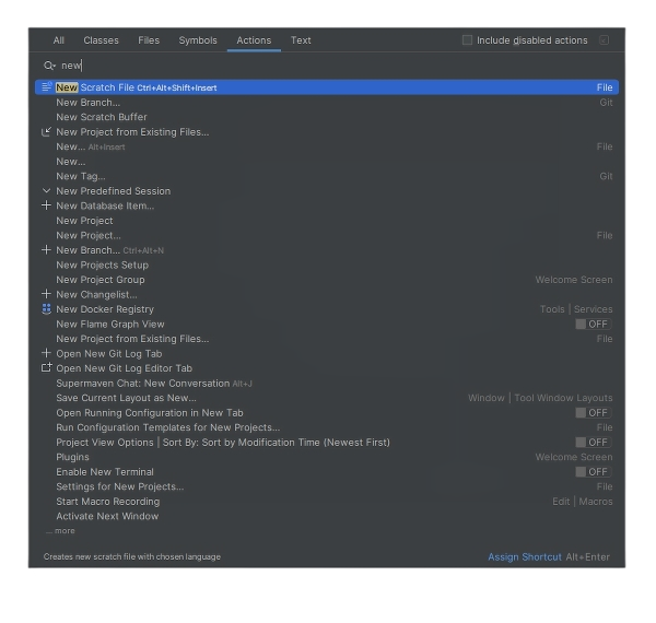 PHPStorm's command palette showing extensive list of available commands and actions