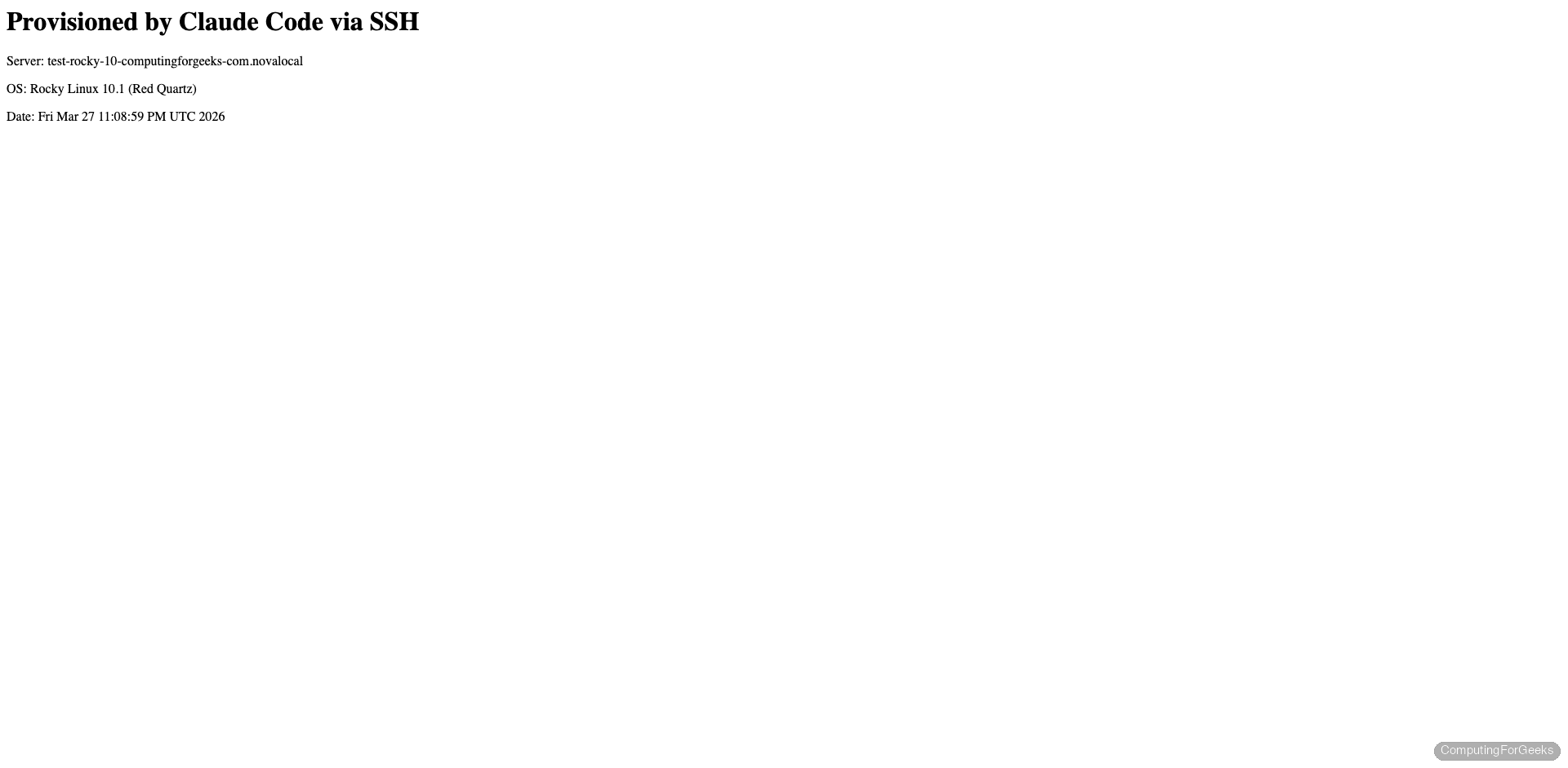 Nginx web page showing Provisioned by Claude Code via SSH on Rocky Linux 10.1 served over HTTPS
