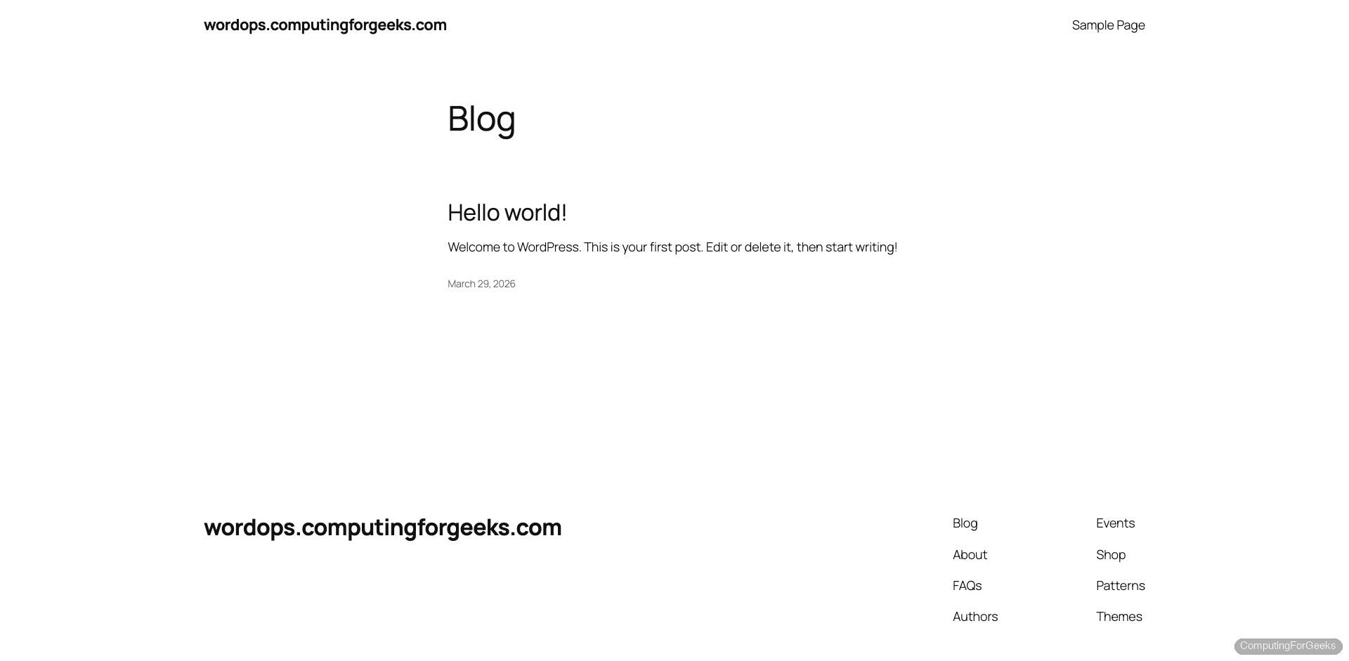 WordPress frontend page deployed with WordOps showing Hello world post served over HTTPS