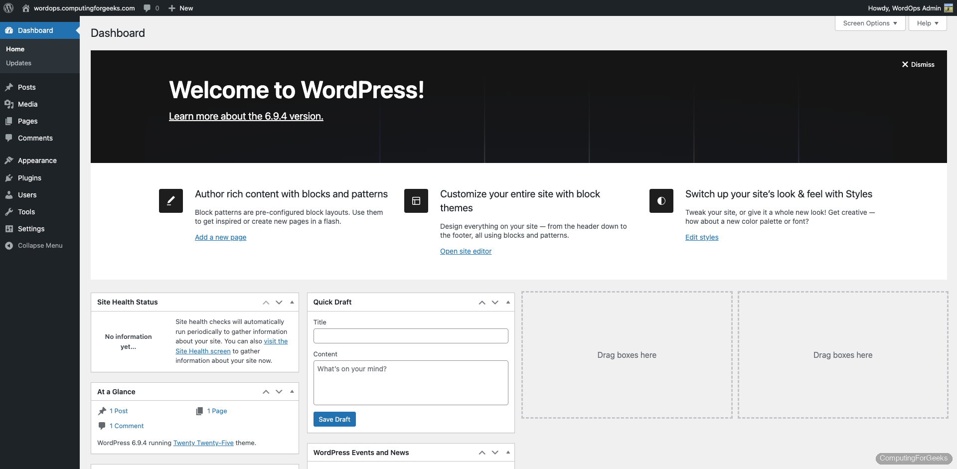 WordPress 6.8.4 dashboard showing Site Health, At a Glance, and Quick Draft panels