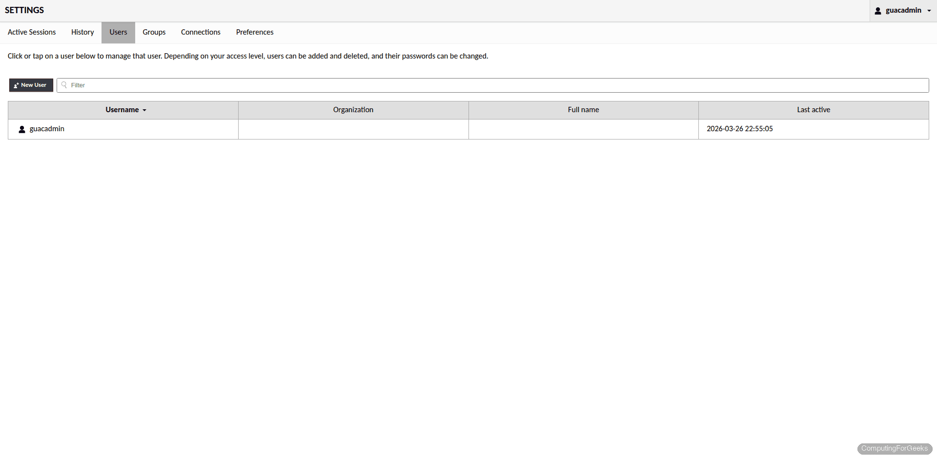 Install Apache Guacamole on Ubuntu 24.04 LTS 4 Apache Guacamole user management page showing the default guacadmin user