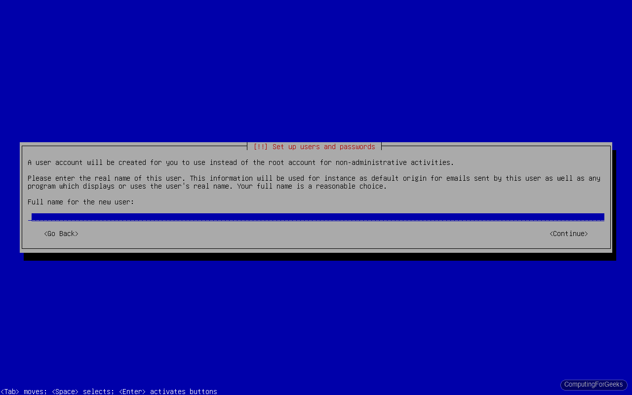 Debian 13 installer user account creation