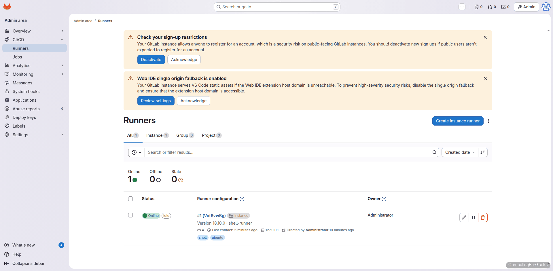 GitLab admin runners page showing registered shell runner online