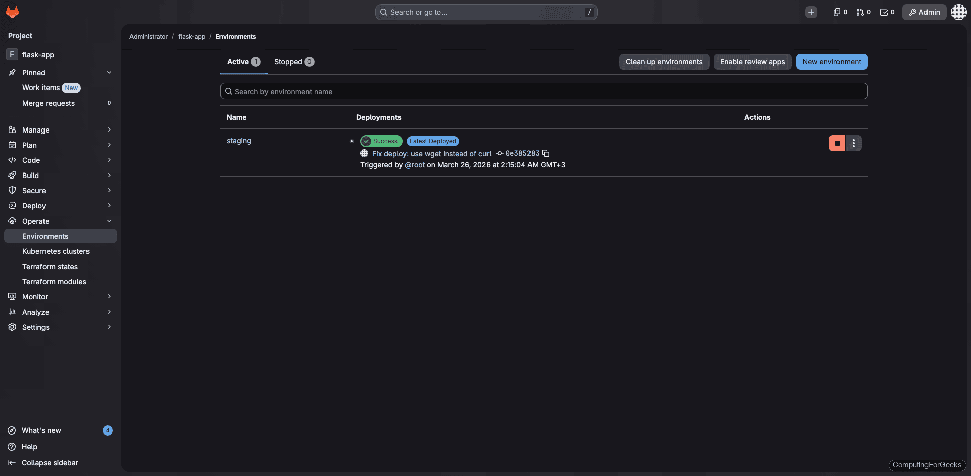 GitLab environments page showing staging deployment