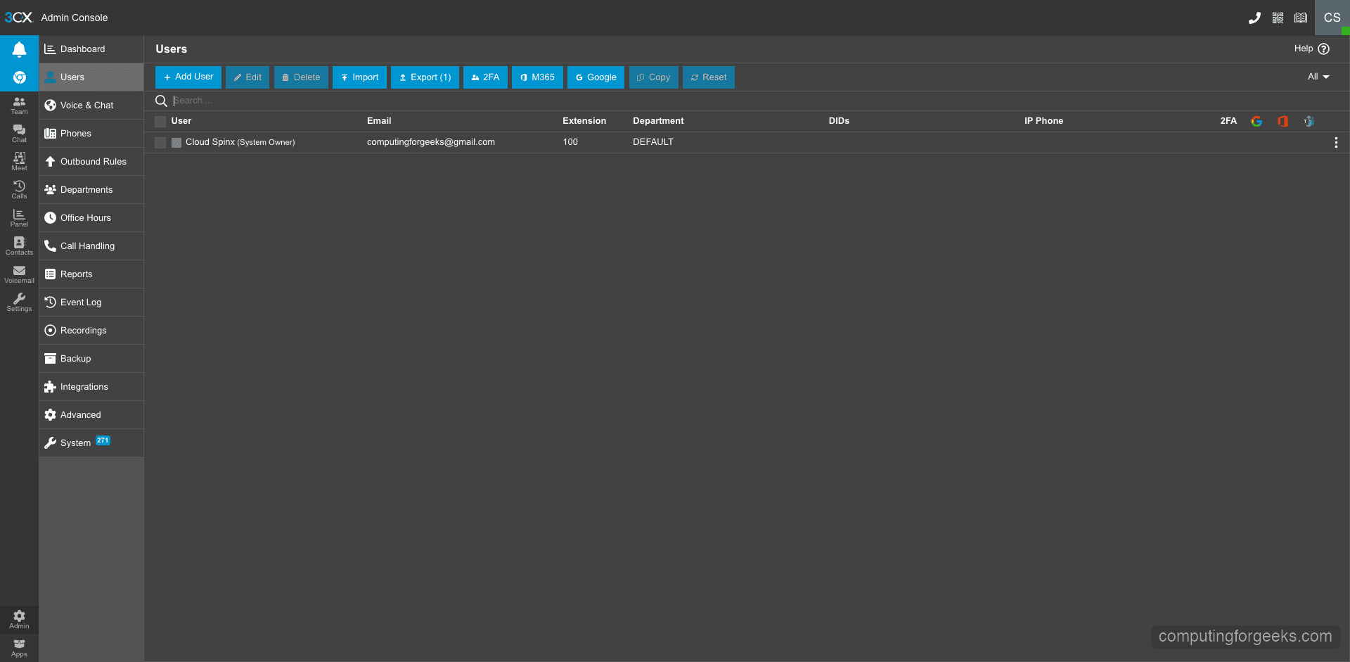 3CX admin users and extensions management page
