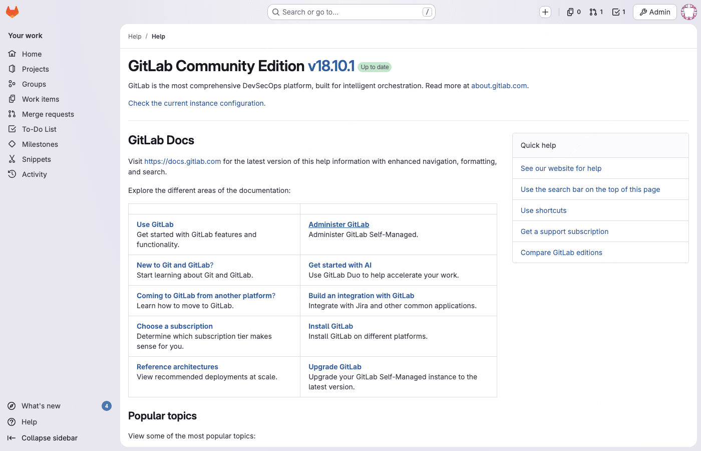 Upgrade GitLab from 17.x to 18.x: Step-by-Step 2 GitLab help page showing Community Edition v18.10.1