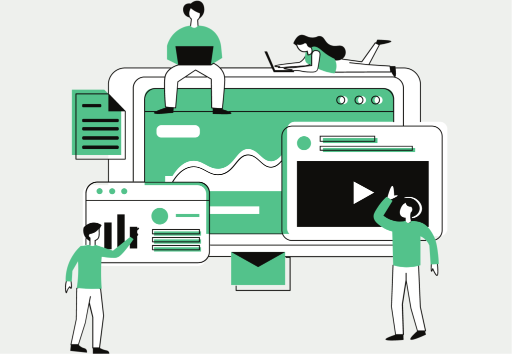 Das Bild zeigt verschiedene Menschen, die mit Daten (Data) arbeiten. 