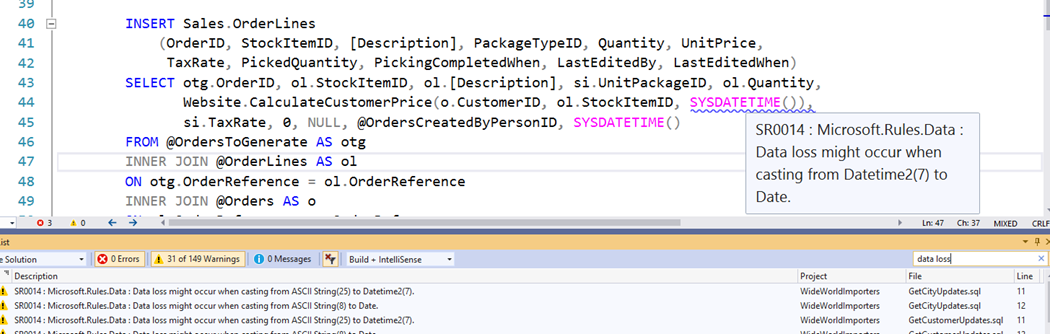 T-SQL Code Analysis output in SSDT