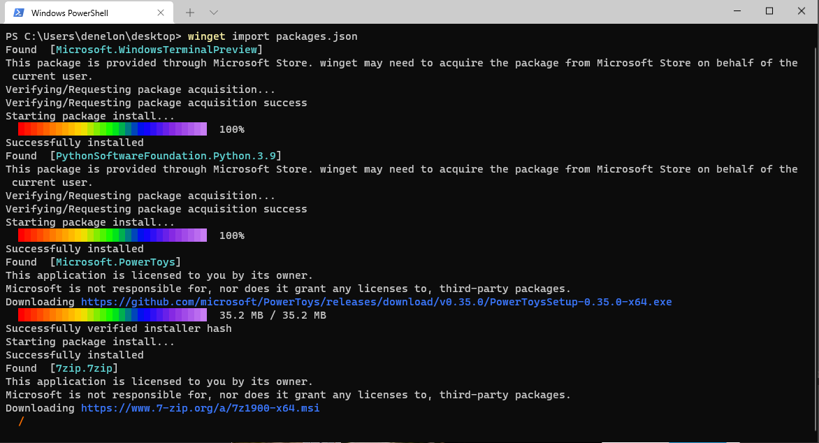 A PowerShell window demonstrating winget import. Windows Terminal Preview, Python 3.9, and PowerToys have been installed. 7zip is currently installing.