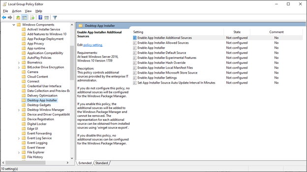 Local Group Policy Editor showing the Group Policies for the Windows Package Manager