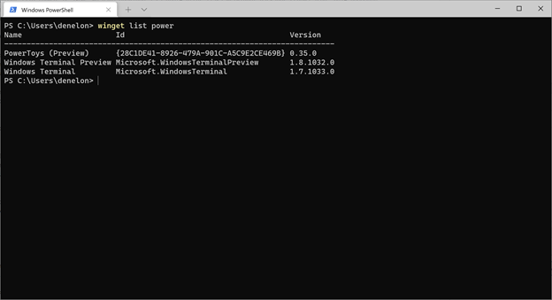 A PowerShell window showing the results from winget list power
