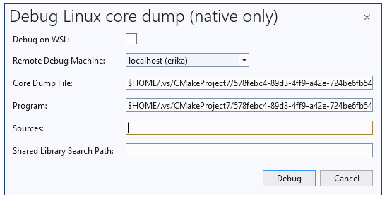 A screenshot of the dialog that opens when "Debug Linux Core Dump with Native Only..." is selected. 