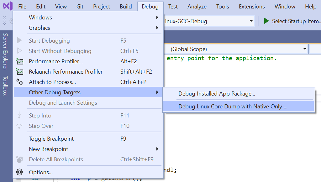 A photo of the Debug > Other Debug Targets > Debug Linux Core Dump with Native Only... entry point.