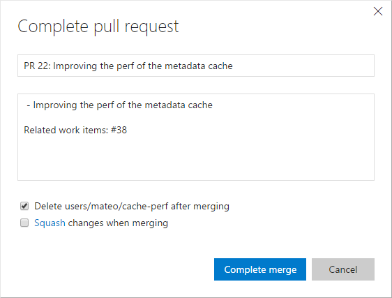 Complete a pull request and link work items